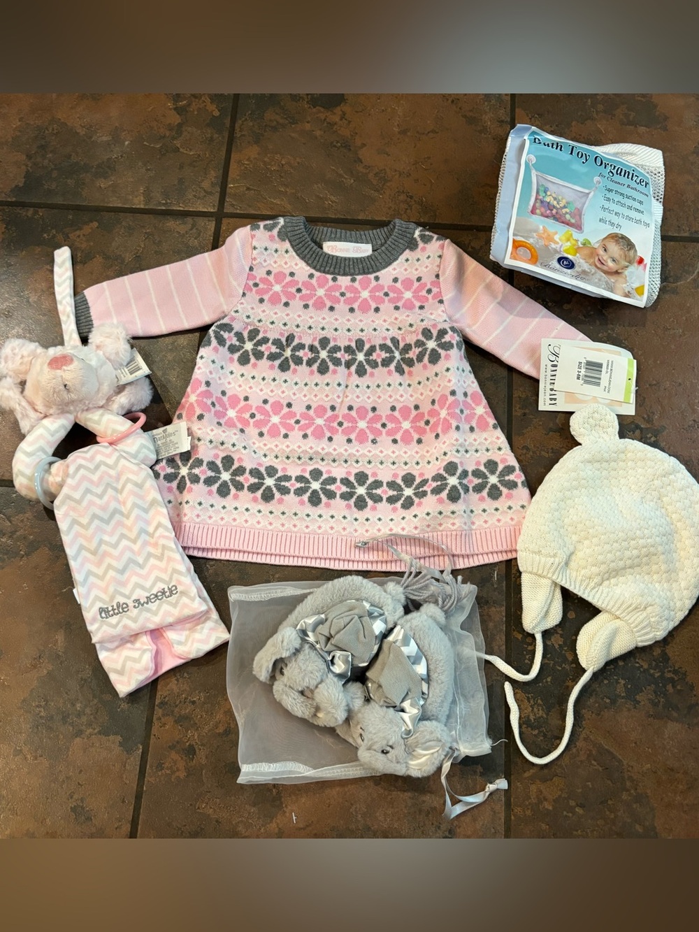 🧺Bonnie Baby Pink & Gray Floral Knit Matching Set baby girl bundle